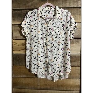 Jane + Delancy Women's medium White Bird Collared Button Up Shirt Top Size M